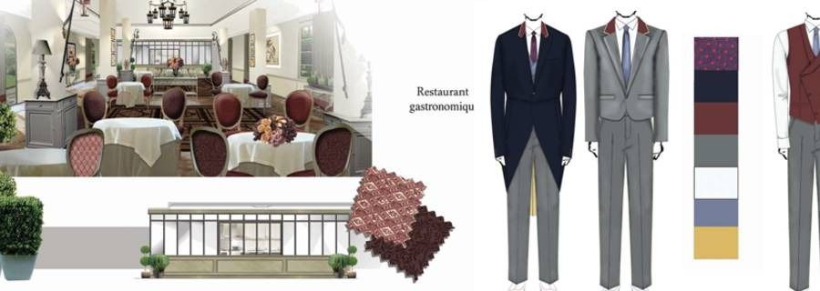 Planche de proposition pour un restaurant gastronomique : salle, tenues de service, nuancier et étoffes